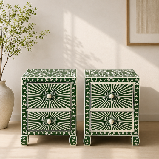 Emerald Sunburst Bone Inlay Bedside Table with 2 Drawers – Luxury Nightstand (20"W x 16"D x 28"H)