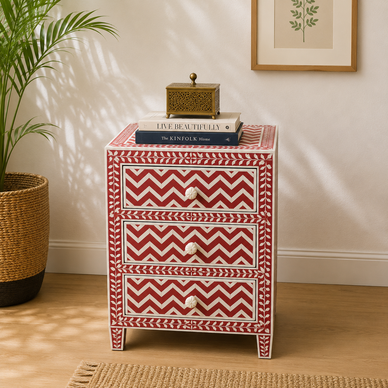Red Herringbone Bone Inlay Bedside Table with 3 Drawers – Luxury Accent Nightstand (20"W x 16"D x 28"H)