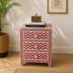 Red Herringbone Bone Inlay Bedside Table with 3 Drawers – Luxury Accent Nightstand (20"W x 16"D x 28"H)