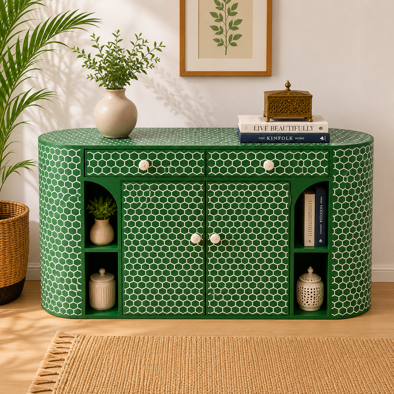 Emerald Bone Inlay Sideboard Cabinet with Drawers & Shelves – Luxury Storage Console (48"W x 14"D x 30"H)