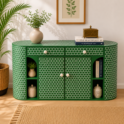 Emerald Bone Inlay Sideboard Cabinet with Drawers & Shelves – Luxury Storage Console (48"W x 14"D x 30"H)