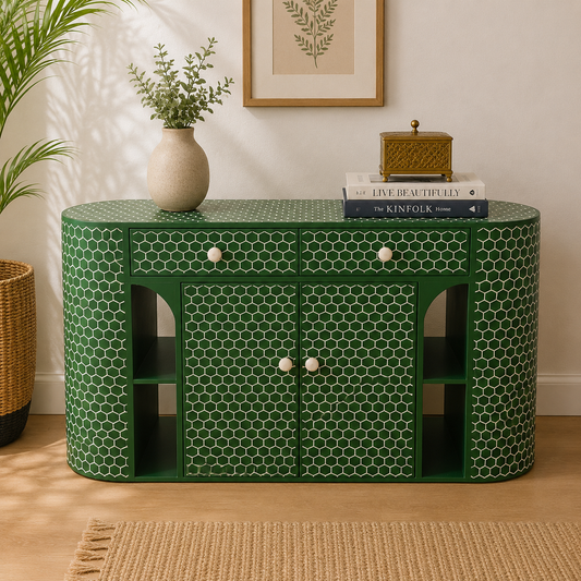Emerald Bone Inlay Sideboard Cabinet with Drawers & Shelves – Luxury Storage Console (48"W x 14"D x 30"H)