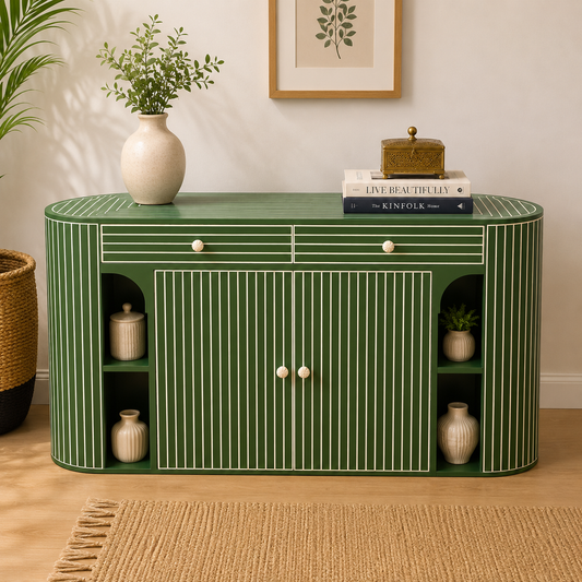 Green Inlay Luxury Console Cabinet with 2 Drawers, 2 Shutter Doors & Side Open Shelves