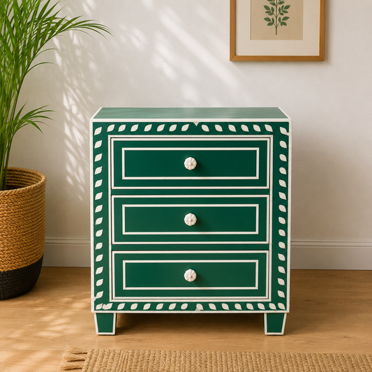 Green Bone Inlay Three-Drawer Bedside Table with Elegant Leaf Border Design