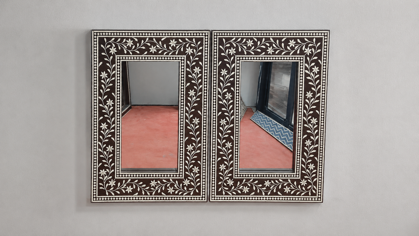 Ready to Ship in India | Handmade Bone Inlay Floral Wall Mirror | Luxury Brown & White Decorative Mirror | 16"W x 1"D x 24"H