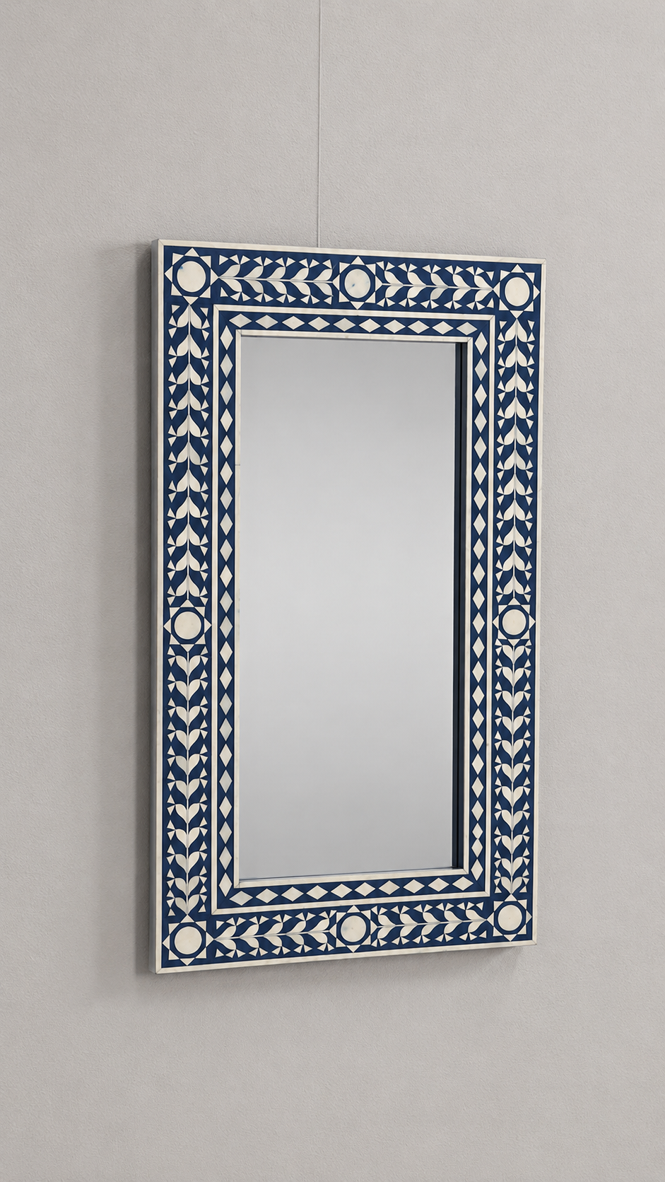 Ready to Ship in India | Handmade Blue Bone Inlay Wall Mirror | Luxury Rectangular Decorative Mirror | Floral & Geometric Bone Inlay Design | 36"H x 20"W x 1"D