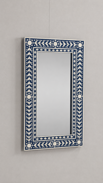 Ready to Ship in India | Handmade Blue Bone Inlay Wall Mirror | Luxury Rectangular Decorative Mirror | Floral & Geometric Bone Inlay Design | 36"H x 20"W x 1"D