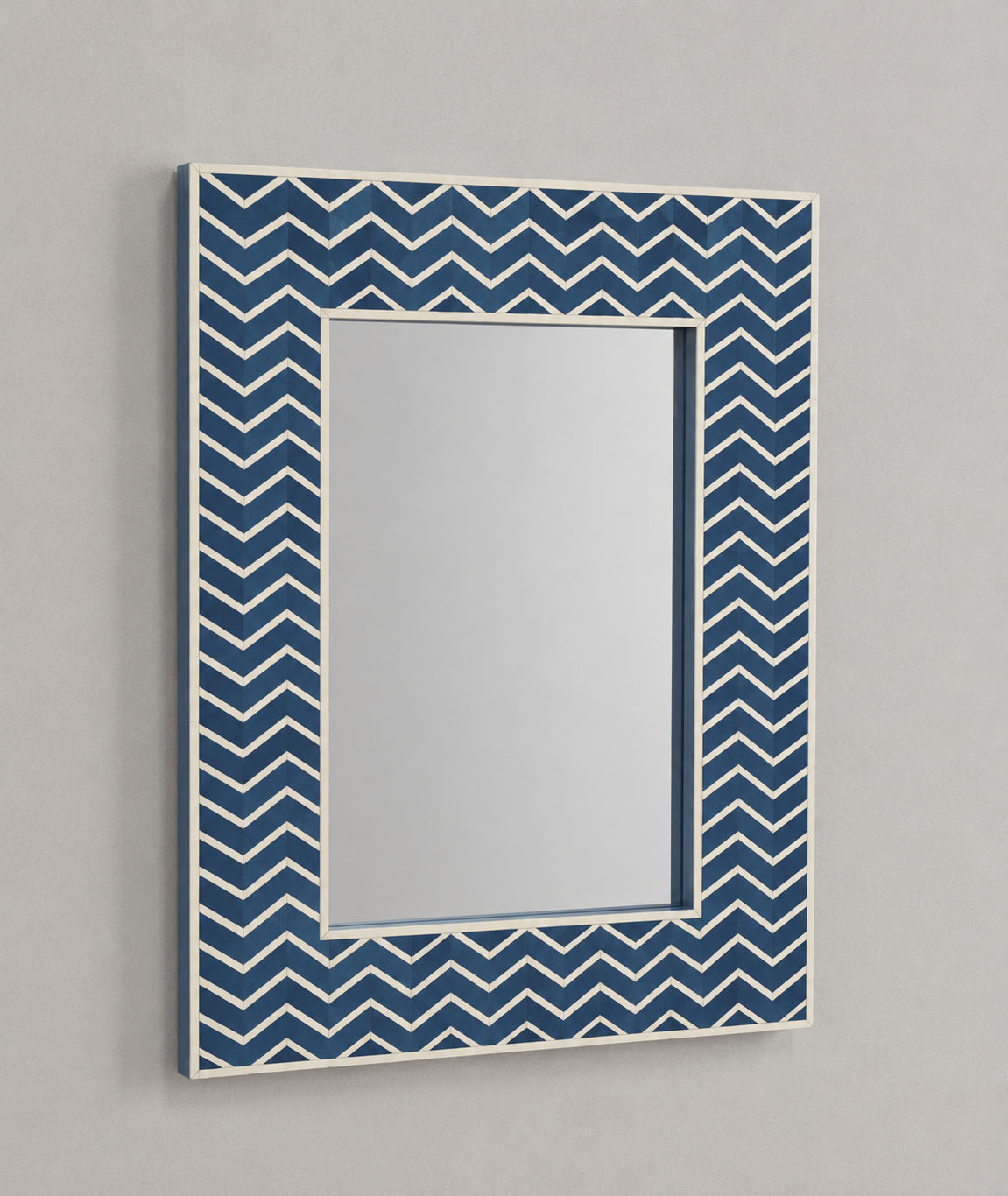 Ready to Ship in India | Handmade Blue Bone Inlay Chevron Wall Mirror | Luxury Rectangular Decorative Mirror | Modern Geometric Design | 24"W x 1"D x 30"H