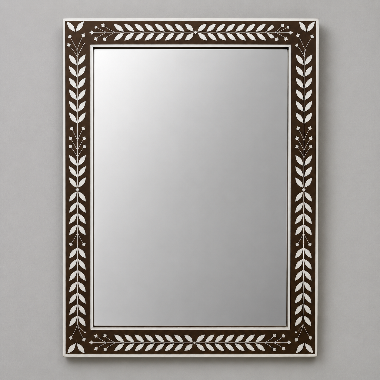 Ready to Ship in India | Handmade Brown Bone Inlay Wall Mirror | Luxury Rectangular Decorative Mirror | Leaf Pattern Bone Inlay Mirror | 30"W x 1"D x 36"H