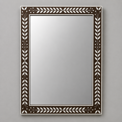 Ready to Ship in India | Handmade Brown Bone Inlay Wall Mirror | Luxury Rectangular Decorative Mirror | Leaf Pattern Bone Inlay Mirror | 30"W x 1"D x 36"H