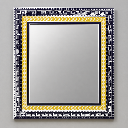 Ready to Ship in India | Handmade Black & White Bone Inlay Wall Mirror with Yellow Accent Border | Luxury Geometric Decorative Mirror | 30"W x 1"D x 36"H