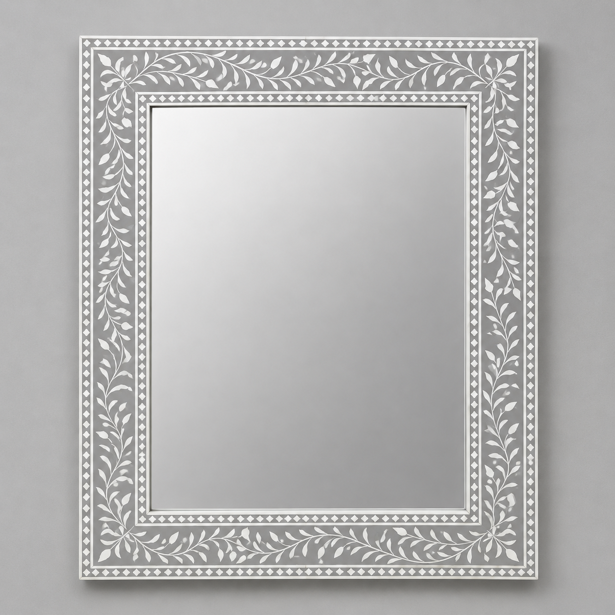 Ready to Ship in India | Grey Bone Inlay Floral Mirror 30W x 1D x 36H Inches | Handmade Bone Inlay Wall Mirror | Luxury Decorative Mirror for Living Room, Bedroom & Entryway