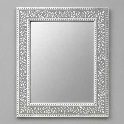Ready to Ship in India | Grey Bone Inlay Floral Mirror 30W x 1D x 36H Inches | Handmade Bone Inlay Wall Mirror | Luxury Decorative Mirror for Living Room, Bedroom & Entryway