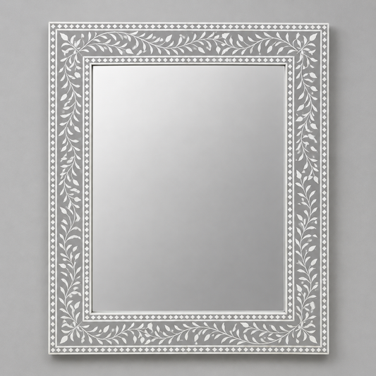 Ready to Ship in India | Grey Bone Inlay Floral Mirror 30W x 1D x 36H Inches | Handmade Bone Inlay Wall Mirror | Luxury Decorative Mirror for Living Room, Bedroom & Entryway