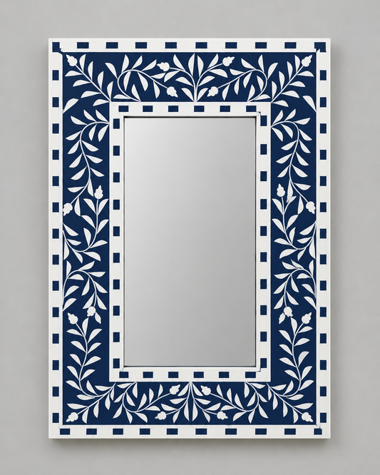 Ready to Ship in India | Blue Bone Inlay Floral Mirror 16W x 1D x 24H Inches | Handmade Bone Inlay Wall Mirror | Decorative Accent Mirror for Bedroom, Living Room & Entryway