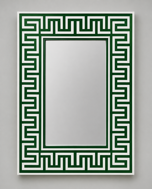 Ready to Ship in India | Green Bone Inlay Greek Key Mirror 16W x 1D x 24H Inches | Handmade Bone Inlay Wall Mirror | Luxury Decorative Mirror for Bedroom, Living Room & Entryway