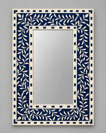 Ready to Ship in India | Blue Bone Inlay Floral Mirror 16W x 1D x 24H Inches | Handmade Bone Inlay Wall Mirror | Luxury Decorative Mirror for Bedroom, Living Room & Entryway