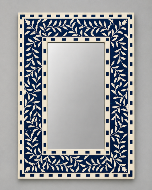 Ready to Ship in India | Blue Bone Inlay Floral Mirror 16W x 1D x 24H Inches | Handmade Bone Inlay Wall Mirror | Luxury Decorative Mirror for Bedroom, Living Room & Entryway