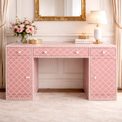 Luxury Pink Inlay Vanity Desk – Handmade Geometric Inlay Makeup Table with Drawers & Cabinets | Elegant Bedroom Dressing Table