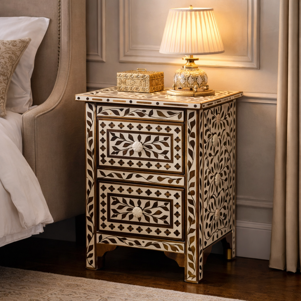 Luxury Handmade Inlay Nightstand – Wooden Bedside Table with Drawers