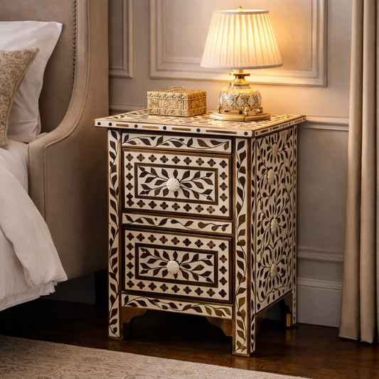 Luxury Handmade Inlay Nightstand – Wooden Bedside Table with Drawers