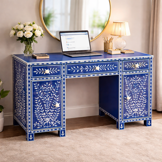 Handcrafted Blue Floral Inlay Writing Desk | Luxury Handmade Desk