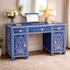 Handcrafted Blue Floral Inlay Writing Desk | Luxury Handmade Desk