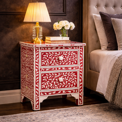 Red Floral Bone Inlay Nightstand – Handcrafted 2 Drawer Bedside Table | Luxury Bedroom Furniture