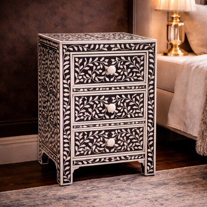 Black Floral Bone Inlay Nightstand – Handcrafted 3 Drawer Bedside Table | Luxury Bedroom Furniture