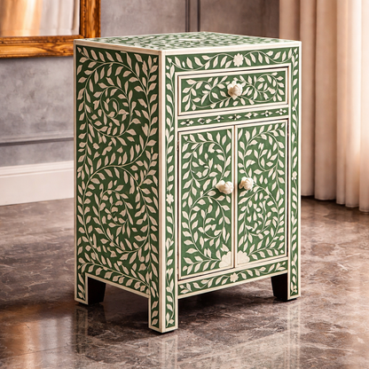 Luxury Green Floral Inlay Bedside Table – Handcrafted Nightstand Cabinet with Drawer & Storage