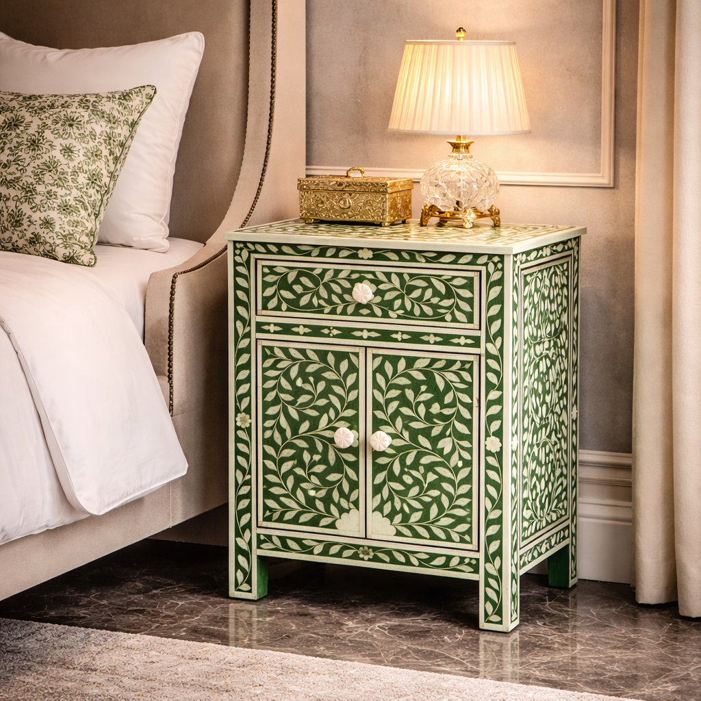 Luxury Green Floral Inlay Bedside Table – Handcrafted Nightstand Cabinet with Drawer & Storage