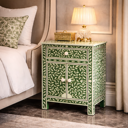 Luxury Green Floral Inlay Bedside Table – Handcrafted Nightstand Cabinet with Drawer & Storage