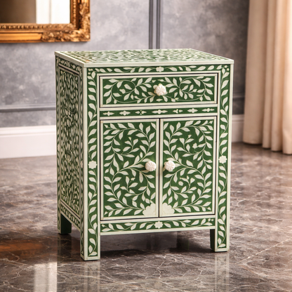 Luxury Green Floral Inlay Bedside Table – Handcrafted Nightstand Cabinet with Drawer & Storage