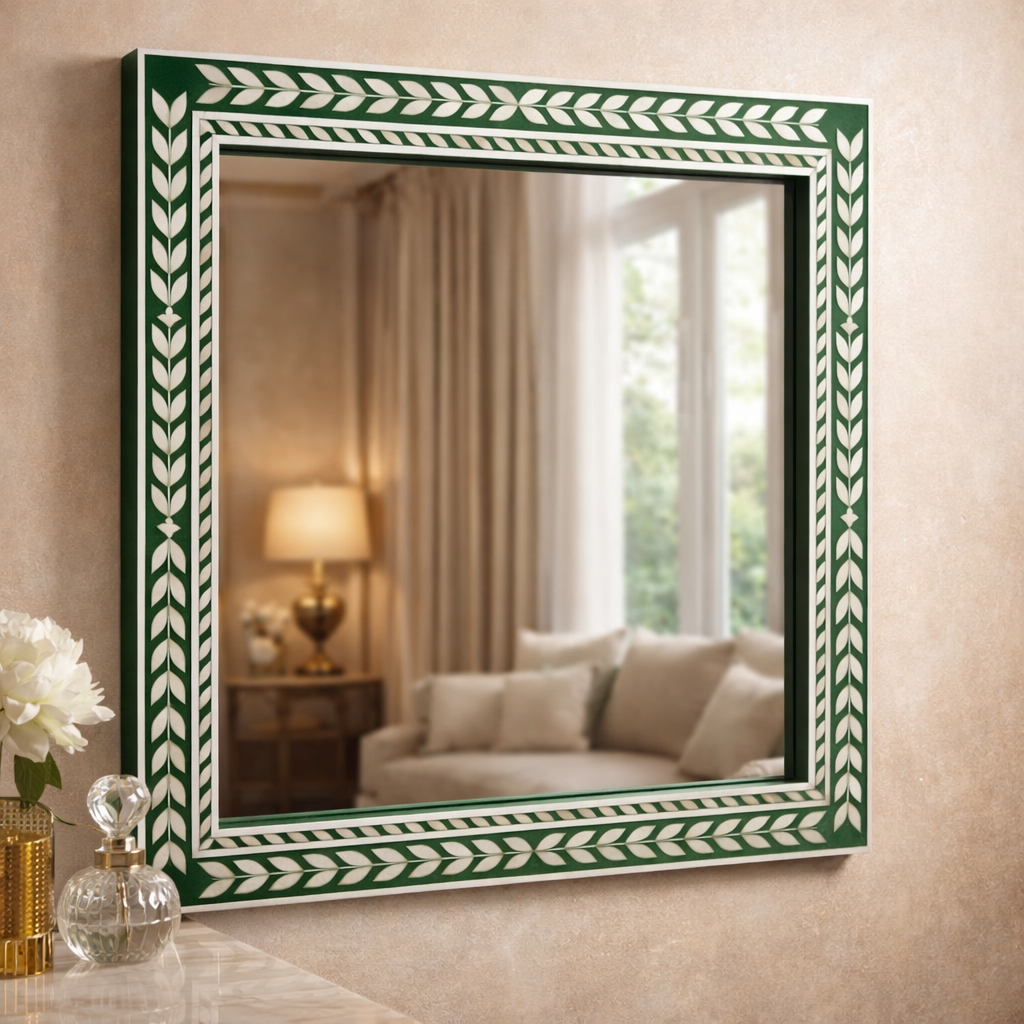 Luxury Green Handcrafted Inlay Wall Mirror – Decorative Frame Mirror