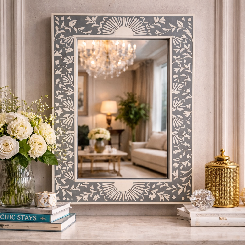 Luxury Handcrafted Floral Inlay Wall Mirror – Decorative Modern Statement Mirror
