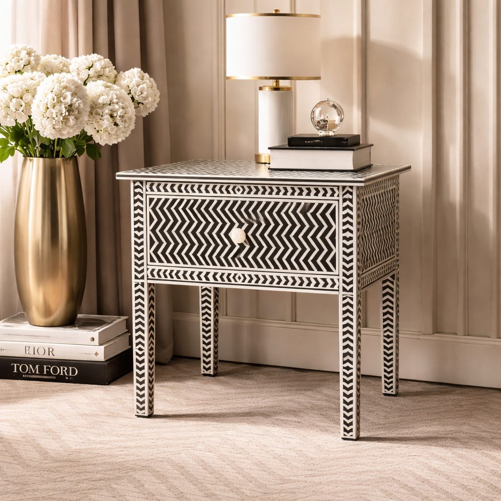 Black Chevron Inlay Nightstand – Luxury Handmade Bedside Table with Geometric Design
