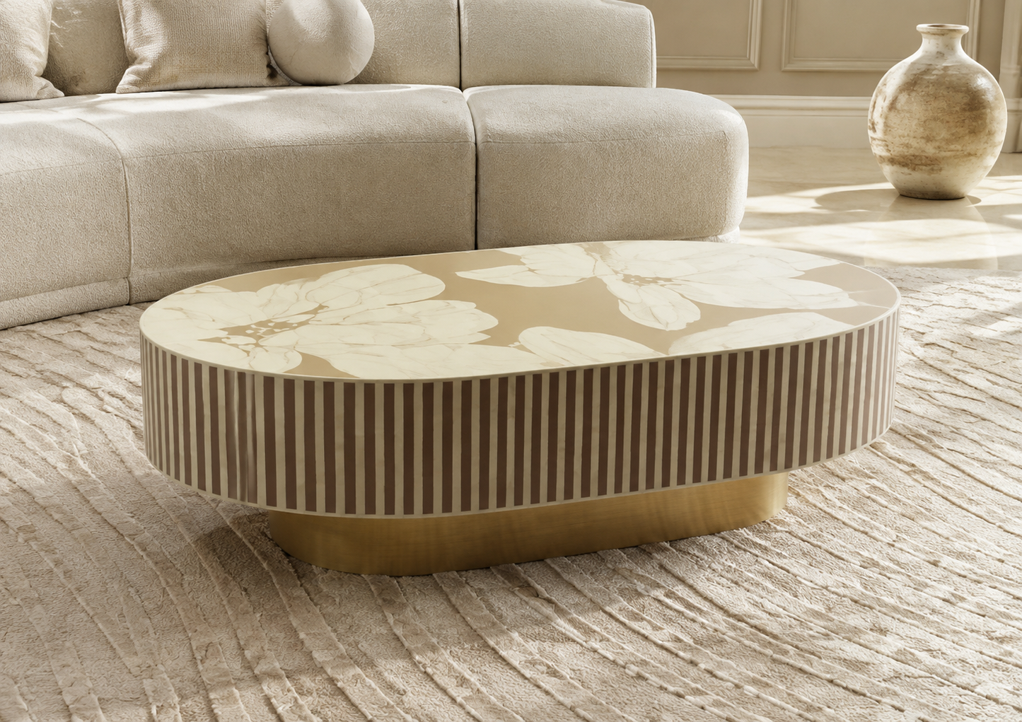 Luxury Oval Floral Bone Inlay Coffee Table with Striped Body & Brass Pedestal Base – Handmade Custom Living Room Centre Table