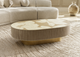 Luxury Oval Floral Bone Inlay Coffee Table with Striped Body & Brass Pedestal Base – Handmade Custom Living Room Centre Table
