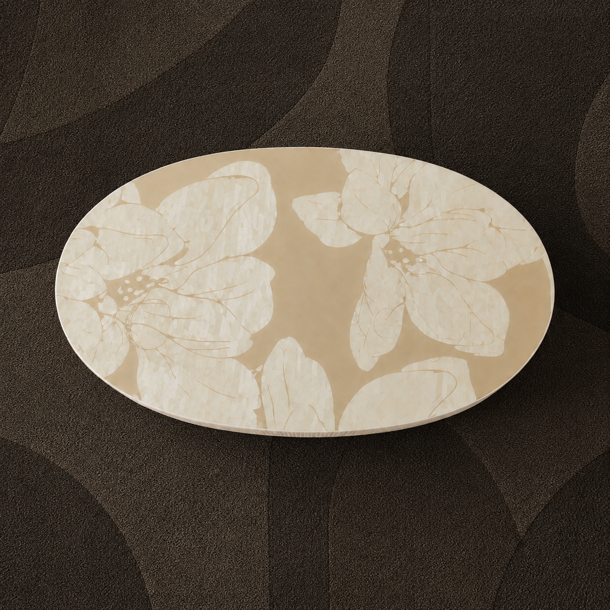Luxury Oval Floral Bone Inlay Coffee Table with Striped Body & Brass Pedestal Base – Handmade Custom Living Room Centre Table
