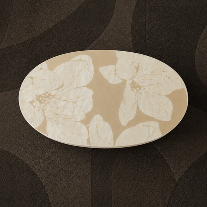Luxury Oval Floral Bone Inlay Coffee Table with Striped Body & Brass Pedestal Base – Handmade Custom Living Room Centre Table