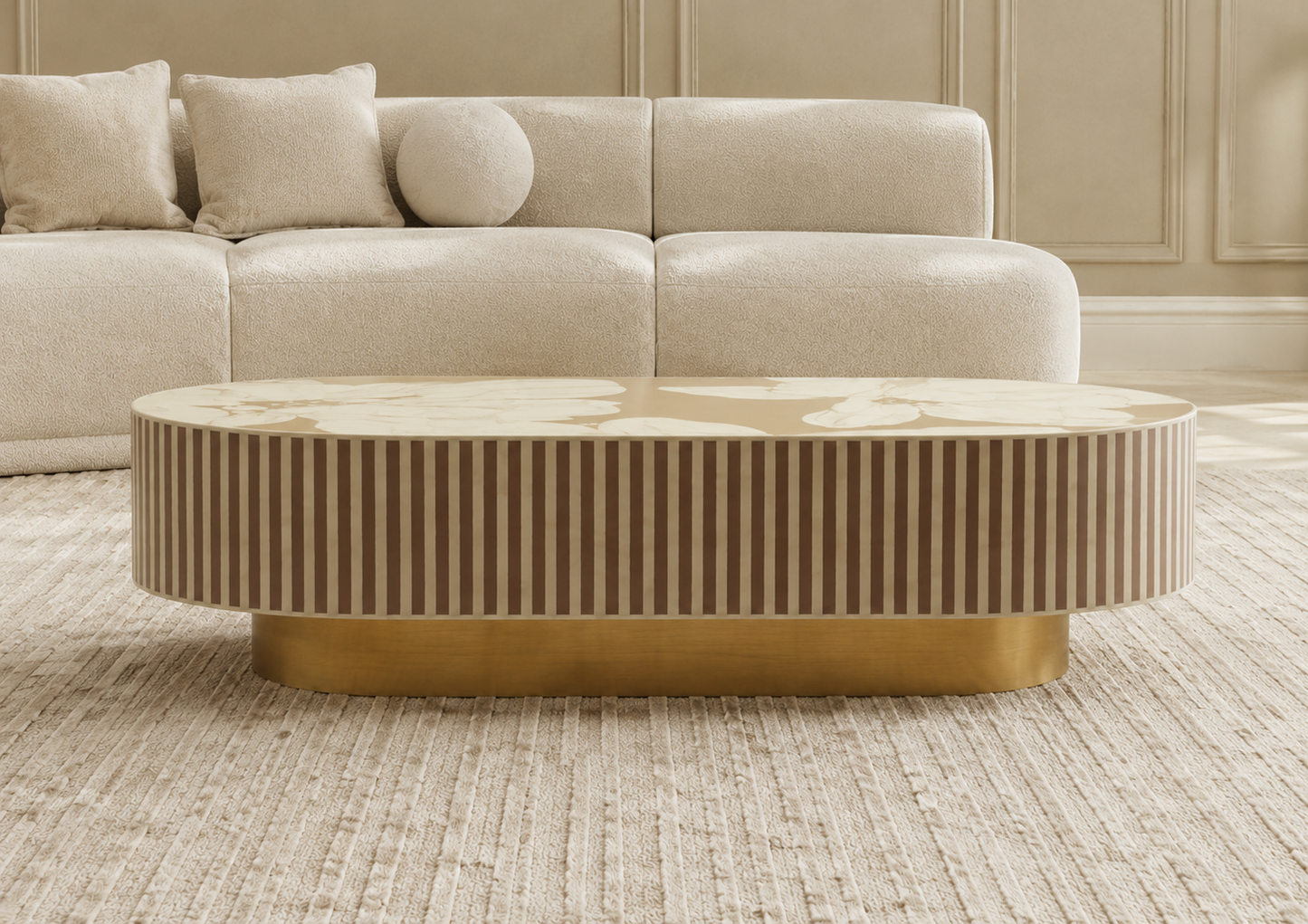 Luxury Oval Floral Bone Inlay Coffee Table with Striped Body & Brass Pedestal Base – Handmade Custom Living Room Centre Table