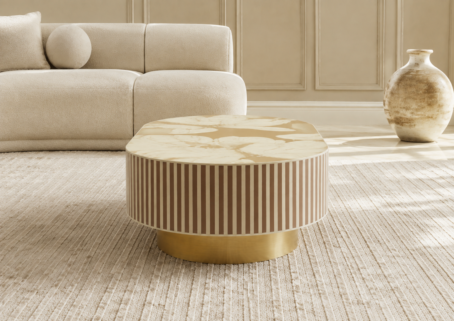 Luxury Oval Floral Bone Inlay Coffee Table with Striped Body & Brass Pedestal Base – Handmade Custom Living Room Centre Table