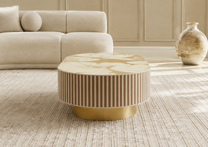 Luxury Oval Floral Bone Inlay Coffee Table with Striped Body & Brass Pedestal Base – Handmade Custom Living Room Centre Table