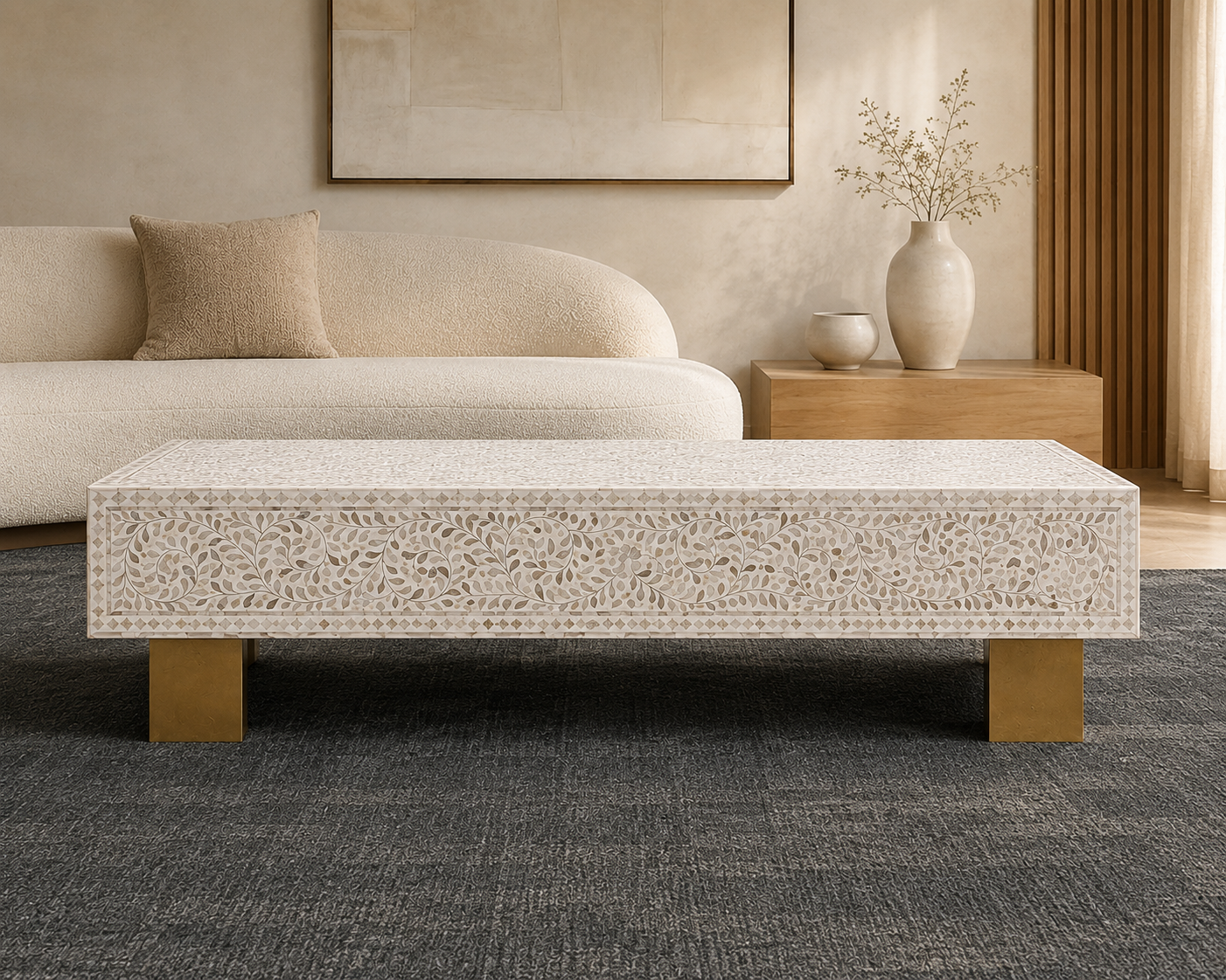 Luxury Handcrafted Mother-of-Pearl Inlay Rectangular Coffee Table with Floral Vine Design & Brass Legs – Custom Designer Centre Table