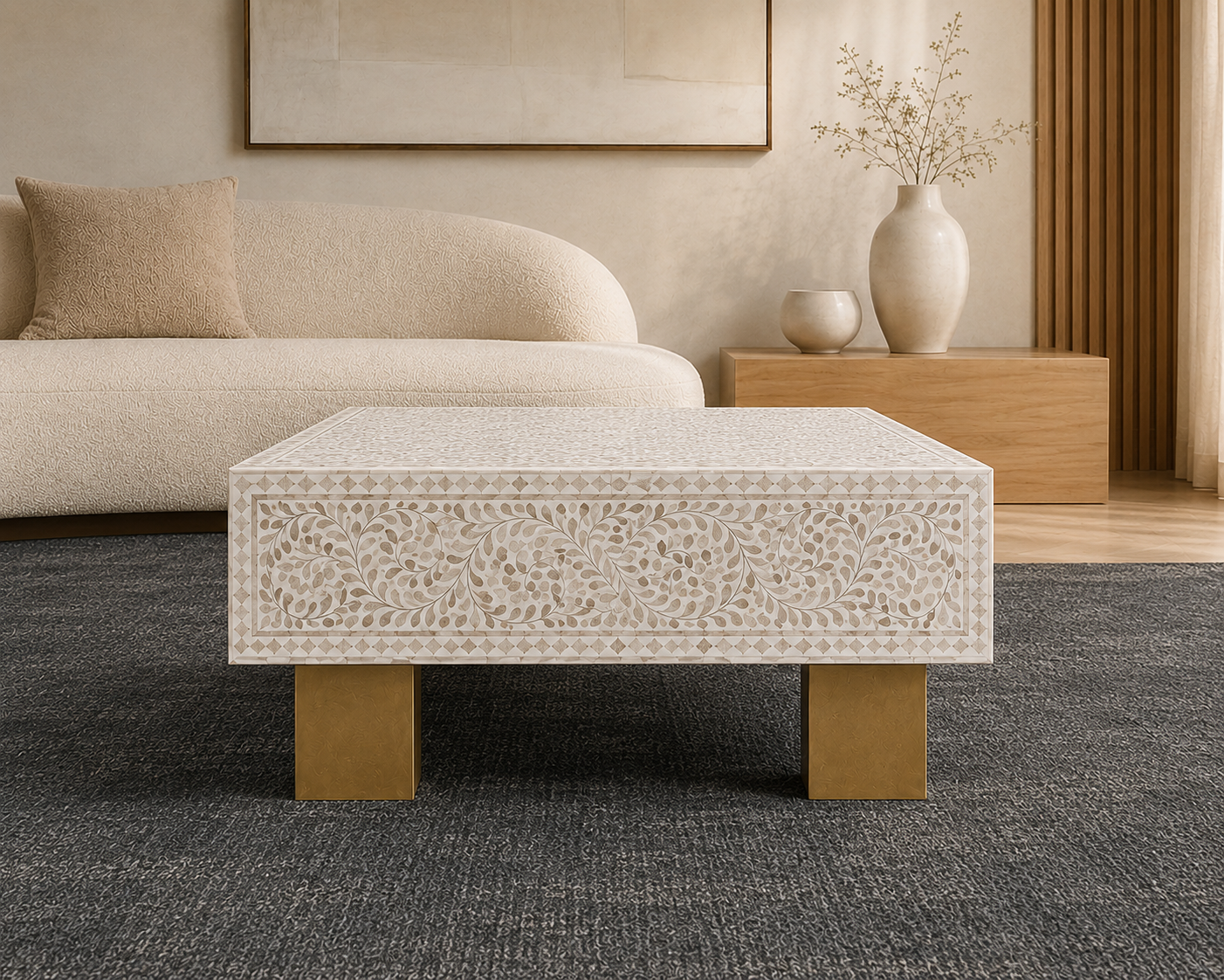 Luxury Handcrafted Mother-of-Pearl Inlay Rectangular Coffee Table with Floral Vine Design & Brass Legs – Custom Designer Centre Table