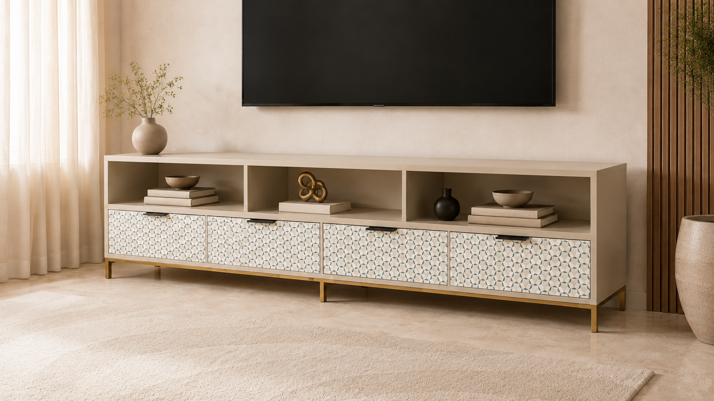 Beige Mother of Pearl Inlay TV Unit with Storage