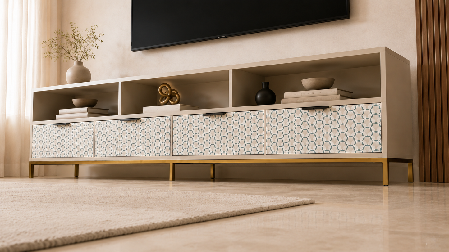 Beige Mother of Pearl Inlay TV Unit with Storage