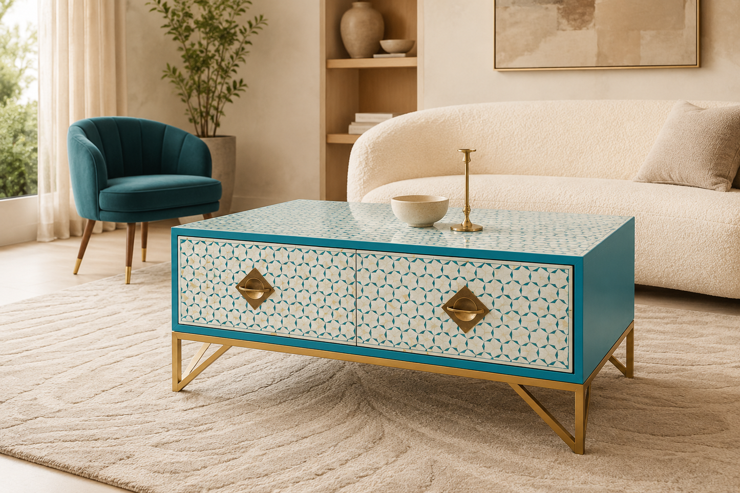 Blue Mother of Pearl Coffee Table with Storage