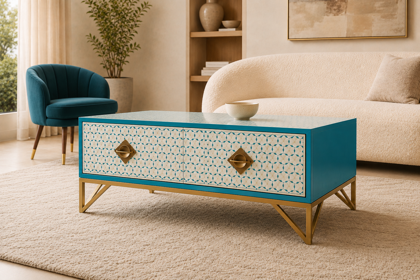 Blue Mother of Pearl Coffee Table with Storage