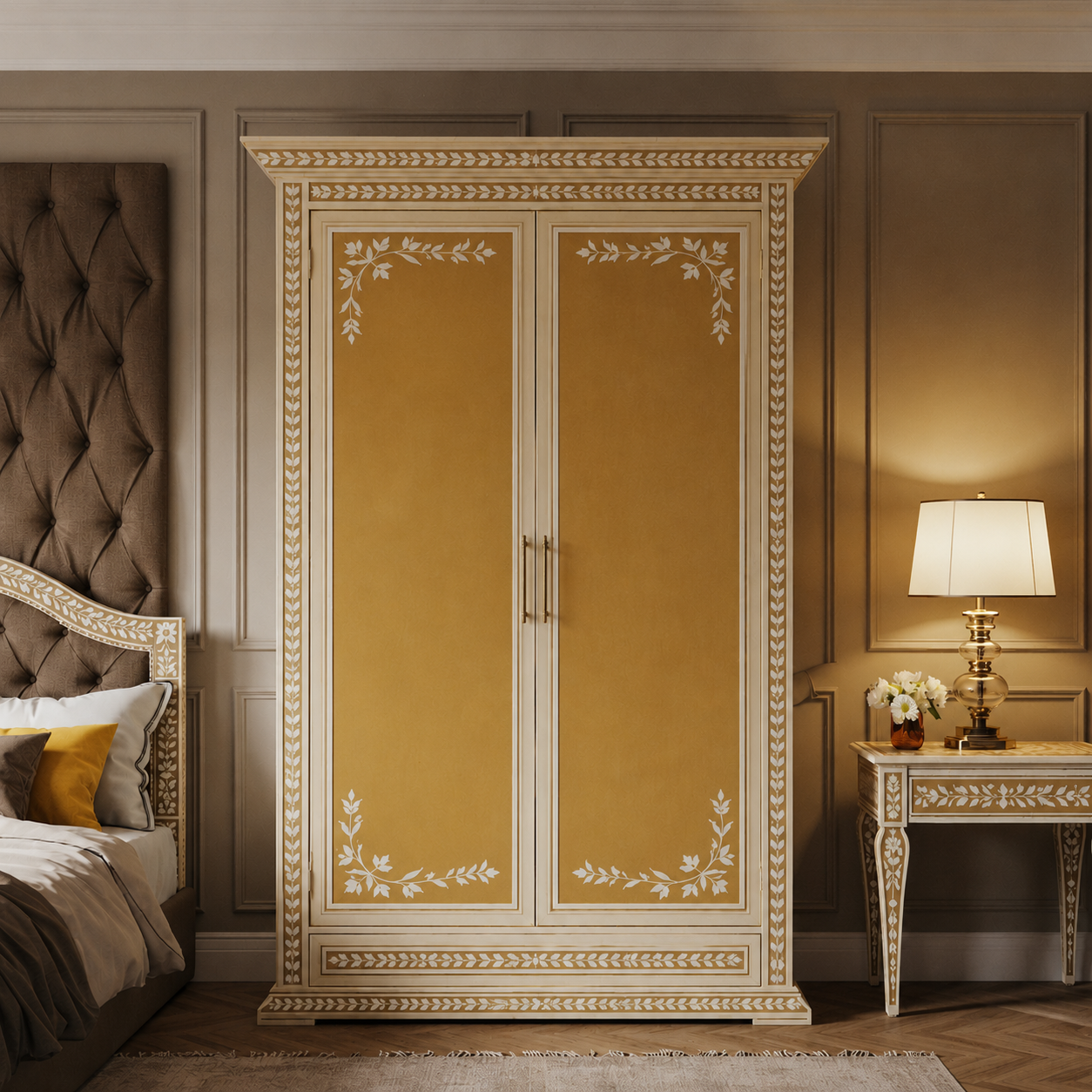 Handcrafted Floral Inlay Wooden Wardrobe | Luxury Handmade Wardrobe